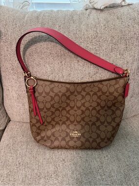 Coach Brown Signature Hobo with Pink Strap